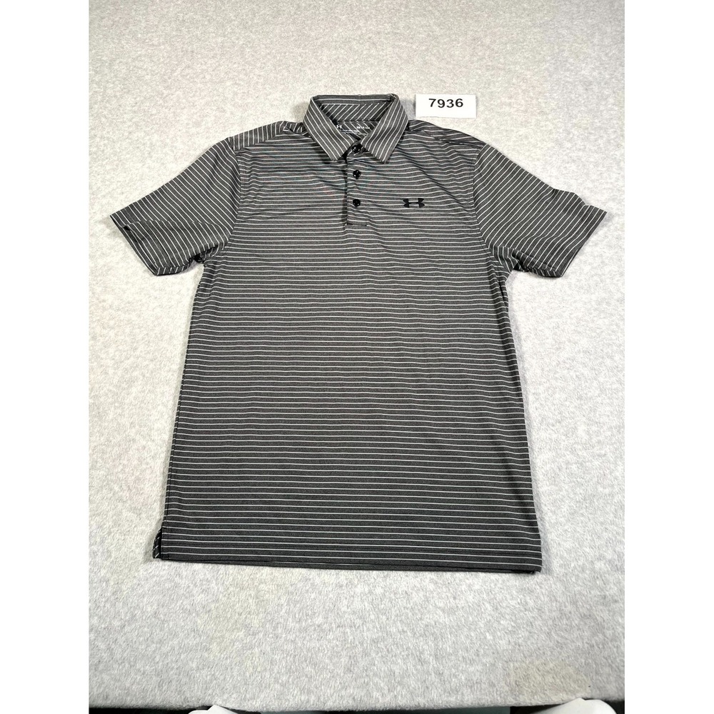 Under Armour HeatGear Polo Shirt Mens Small Gray Striped Collared Casual Golf
